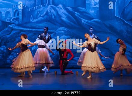 Malaga, Spagna. Il 26 dicembre, 2019. Ballerini di San Pietroburgo eseguire sul palco durante il primo atto di una scena da il Lago dei Cigni di balletto al Teatro Cervantes. Il balletto classico di San Pietroburgo in scena dal coreografo Andrei Batalov è la più alta espressione culturale di danza russa ed è venuto alla città di Malaga come parte della danza stagione 2019-2020. Credito: SOPA Immagini limitata/Alamy Live News Foto Stock