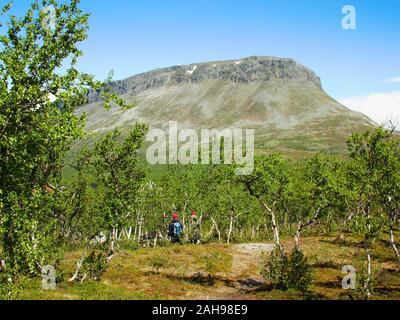 Due escursionisti andando a Saana fells in Kilpisjarvi, Lapponia, Finlandia. Sunny estate scena con betulle nane e bellissima vista sulla montagna. Foto Stock