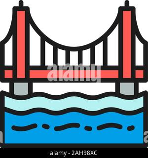 Golden Gate Bridge di San Francisco, Stati Uniti d'America piatta linea colore icona. Illustrazione Vettoriale