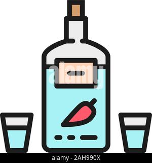 Vodka con il pepe, ucraino alcolici nazionali piatta linea colore icona. Illustrazione Vettoriale