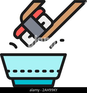 Dunk sushi in salsa di soia, cucina giapponese piatta linea colore icona. Illustrazione Vettoriale
