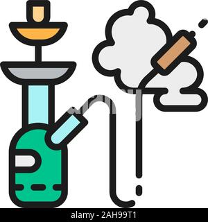 Fumare narghilè, tabacco piatta linea colore icona. Isolato su sfondo bianco Illustrazione Vettoriale