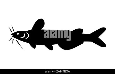 Il pesce gatto icona Vettore, piatto di pesce simbolo silhouette nera su sfondo bianco, design semplice. Illustrazione Vettoriale