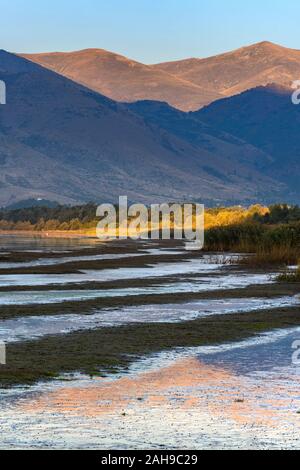 Luce della Sera attraverso il fango appartamenti su di te a riva del lago Prespa vicino al villaggio di Lemos, in Macedonia, Grecia settentrionale. Foto Stock