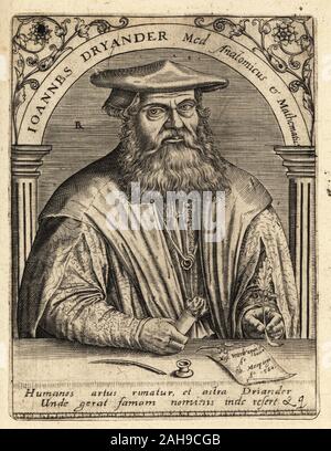 Johann Dryander, anatomista tedesco, matematico e astronomo, 1500-1560. Joannes Dryander Medicus Anatomicus et Mathematicus. Incisione su rame di Johann Theodore de Bry da Jean-Jacques Boissard La Bibliotheca chalcographica, Johann Ammonius, Francoforte, 1650. Foto Stock