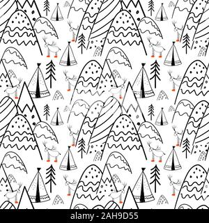 Foresta settentrionale. Illustrazione in stile folk. Montagne stilizzate. Stampa scandinava. Disegno della linea. Modello senza giunture per bambini. Illustrazione Vettoriale