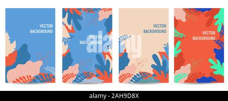 Vector set di sfondi astratti - coperchio vivaci modelli di design, banner, social media sfondi con foglie e fiori. Illustrazione Vettoriale