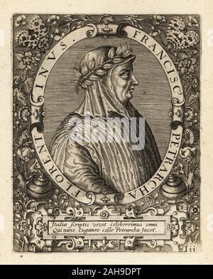 Francesco Petrarca o Petrarca, studioso, umanista e poeta, 1304-1374. Franciscus Petrarcha Florentinus. Incisione su rame di Johann Theodore de Bry da Jean-Jacques Boissard La Bibliotheca chalcographica, Johann Ammonius, Francoforte, 1650. Foto Stock