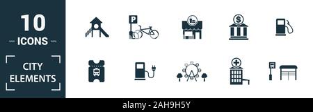 Elementi di città icon set. Includere elementi creativi restroom sign, parco pubblico, noleggio auto, ostello, parco giochi icone. Può essere utilizzato per il report Foto Stock