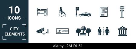 Elementi di città icon set. Includere elementi creativi restroom sign, parco pubblico, noleggio auto, ostello, parco giochi icone. Può essere utilizzato per il report Foto Stock
