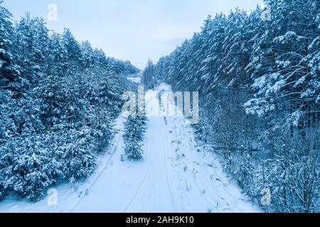 Vista da sopra del paese nevoso road. Natura inverno sfondo. Boschi innevati. Alberi di pino coperto di neve. Natura invernale. Sfondo di natale. Aeri Foto Stock