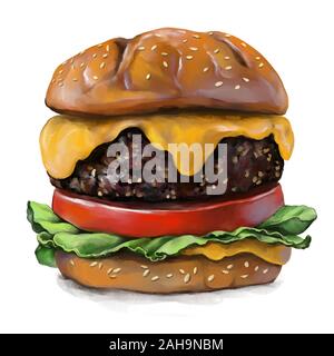 Big burger, hamburger disegnati a mano illustrazione disegno realistico colore, arte illustrazione dipinto con acquerelli isolati su sfondo bianco. Foto Stock