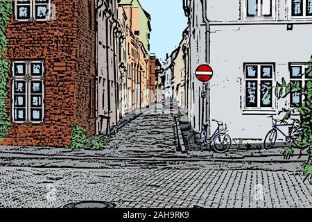 Città europea. Città vecchia strada stretta con il segnale di arresto. Mano colorati bozzetto Illustrazione Vettoriale