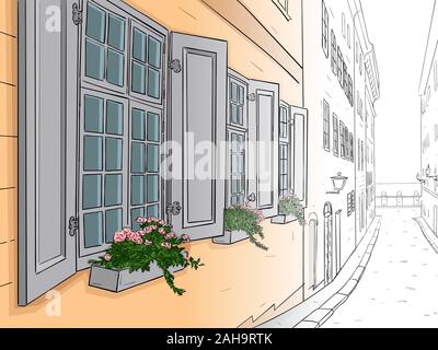 Città stretta strada con fiori in scatole di finestra. Mano bozzetto. Dal bianco e nero al contorno immagine colorata Illustrazione Vettoriale