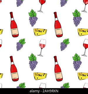 Set di vino. Le uve, formaggio e bottiglia di vino. Mano bozzetto. Modello senza giunture Illustrazione Vettoriale