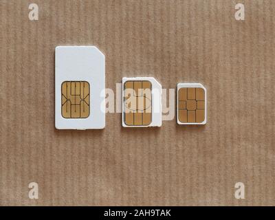 Mini e micro e nano Sims per il telefono cellulare Foto Stock