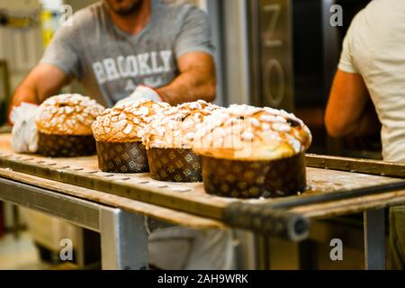 Pasticceria chef cottura dolce panettone torta per la stagione di natale Foto Stock