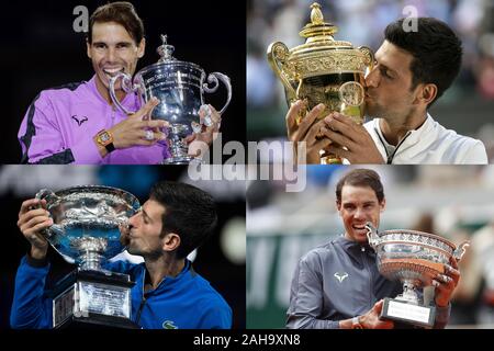 (191227) -- PECHINO, Dic 27, 2019 (Xinhua) -- Il combo mostra fotografica:(Top, L) Rafael Nadal di Spagna detiene il campione del trofeo dopo la vittoria di uomini singoli match finale contro il russo Daniil Medvedev della Russia al 2019 US Open in New York, Stati Uniti, Sett. 8, 2019; (Top, R) Novak Djokovic di Serbia bacia il campione del trofeo dopo la vittoria di uomini singoli finale contro Roger Federer al 2019 Wimbledon Tennis Championships di Londra, Gran Bretagna, luglio 14, 2019; (FONDO, L) Novak Djokovic di Serbia bacia il campione del trofeo dopo la vittoria di uomini singoli match finale contro Foto Stock