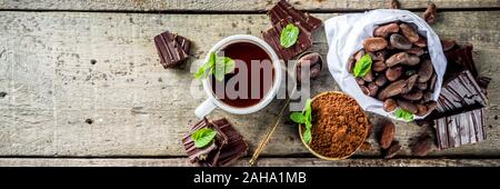 Differenti condizioni di cacao. Vari prodotti di cacao - fave, fagioli, massa, frantumato di cacao in polvere, pasta cioccolato, pezzetti di cioccolato e cioccolata calda in una cu Foto Stock