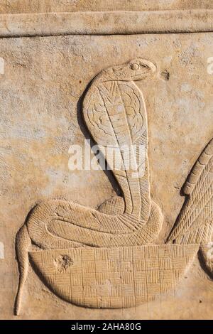 Tebe in Egitto, Tempio di Karnak, museo all'aria aperta, un rilievo raffigurante i nomi di un re. Il serpente e il vulture simboleggiano 2 dee d'Egitto. Foto Stock