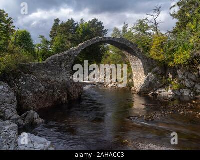 Il vecchio ponte Packhorse date dal 1717, Carrbridge, Cairngorms, Scozia Foto Stock