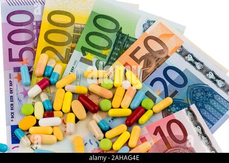 Verschiedene Tabletten, Kosten, Geld, Euro, Gesundheitswesen, Krankenhasse, Medizin, Pillen, Foto Stock