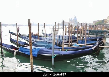 Gondole a Venezia. Accanto a piazza San Marco. Sullo sfondo la chiesa di Santa Maria della Salute. L'Italia, l'Europa. Foto Stock