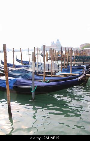 Gondole a Venezia. Accanto a piazza San Marco. Sullo sfondo la chiesa di Santa Maria della Salute. L'Italia, l'Europa. Foto Stock