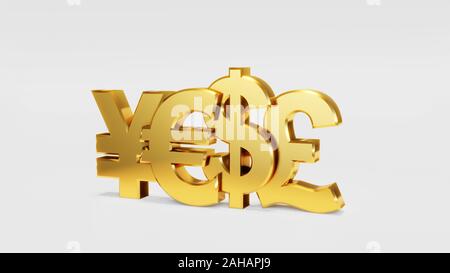 3D illustrazione di simboli di valuta impostata Dollar yen euro cancelletto di simboli su uno sfondo bianco. Foto Stock