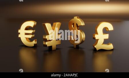 Il colore è dorato 3D i simboli di valuta, icona valuta. Euro, Yen, il dollaro e il simbolo cancelletto. Illustrazione Vettoriale. Foto Stock