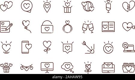 Amore cuore passione romantica sensazione icone correlate collezione illustrazione vettoriale linea spessa Illustrazione Vettoriale