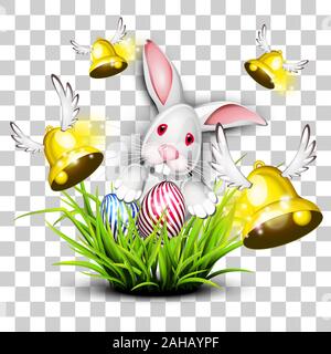 Felice Pasqua uovo con bunny e campane su sfondo trasparente vettore isolato Illustrazione Vettoriale