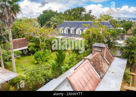 Eureka La Maison Creole House e giardini, vista aerea, Moka, Montagne Ory, Oceano Indiano, Mauritius Foto Stock