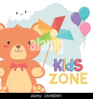 Kids Zone, orsacchiotto e la girandola con bastone giocattoli illustrazione vettoriale Illustrazione Vettoriale