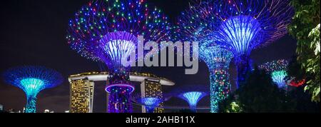 Illuminato gigante artificiale alberi Super sostare di fronte alla Marina Bay Sands, a giardini dalla Baia di Singapore Foto Stock