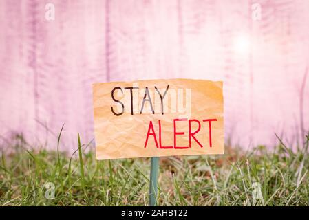 Scrittura testo scrittura di rimanere vigili. Foto concettuale prestando la massima attenzione alle cose intorno a un rapido per vedere o capire pianura carta vuoto collegato al Foto Stock