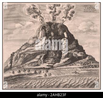 ERUZIONE DEL VESUVIO illustrazione dell'incisione del VESUVIO Mundus subterraneus, 3rd edizione: Il Vesuvio in eruzione Italia Storia della Scienza 1678 il Vesuvio, uno stratovulcano dell'Italia moderna, eruttò nel 79 d.C. in una delle più letali eruzioni vulcaniche della storia europea, testimoniata e documentata da Plinio il giovane, amministratore e poeta romano. Illustrazione dell'incisione di Kircher, Athanasius (disegnatore, incisore e studioso tedesco, 1602-1680 Foto Stock
