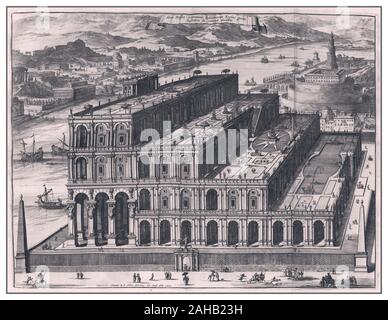 Giardini pensili di Babilonia Turris Babele: Illustrazioni incise d'epoca degli anni '1600 Giardini sospesi di Babilonia, Kircher Athanasius disegnatore, incisore e studioso tedesco, (1602-1680) i Giardini pensili di Babilonia erano una delle sette meraviglie del mondo antico come elencato dalla cultura ellenica. Fu descritta come una notevole impresa ingegneristica con una serie ascendente di giardini a livelli contenenti una grande varietà di alberi, arbusti e viti, somigliante a una grande montagna verde costruita con mattoni di fango. Foto Stock