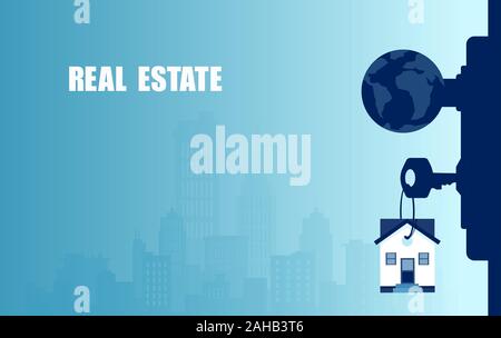 Vettore di una maniglia della porta con una chiave con una casa gingillo su una skyline della città sullo sfondo Illustrazione Vettoriale