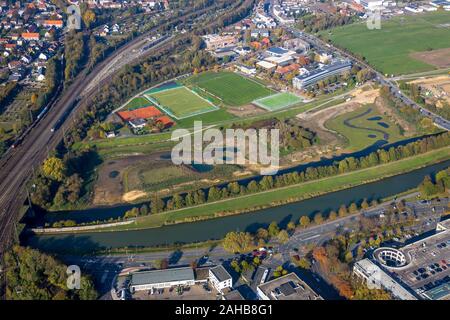 Foto aerea, Lippe conversione, Datteln-Hamm canal, Hamm sull'acqua, vicino Hamm-Lippewiesen airfield, Hamm, la zona della Ruhr, Renania settentrionale-Vestfalia, Tedesco Foto Stock