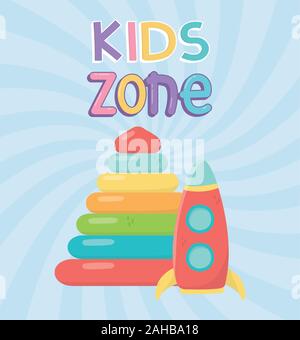 Kids Zone, piramide di plastica e le icone a razzo illustrazione vettoriale Illustrazione Vettoriale