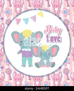 Baby doccia carino elefanti con vestiti cuori amore cartoon illustrazione vettoriale Illustrazione Vettoriale