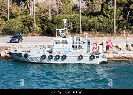Kos, Grecia - 21 Settembre 2019: - marina greca nave ormeggiata in porto. Esso fa parte della Comunità europea di controllo delle frontiere e della flotta di guardia costiera. Foto Stock