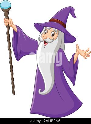 Cartoon old wizard tenendo la bacchetta magica Illustrazione Vettoriale