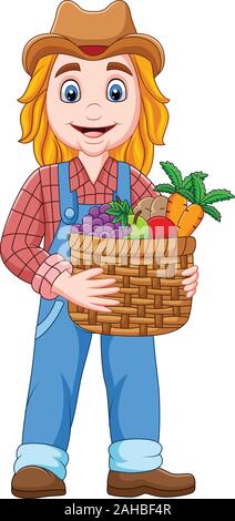 Cartoon girl l'agricoltore che detiene un cesto di verdura e di frutta Illustrazione Vettoriale