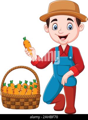 Cartoon piccolo agricoltore la raccolta di carote Illustrazione Vettoriale