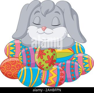 Simpatico coniglio cartoon di dormire su uova di Pasqua Illustrazione Vettoriale