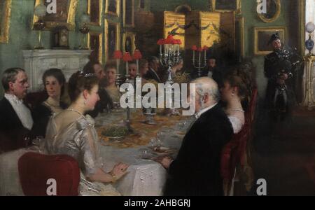 Cena en la Casa Haddo, 1884. Comedor de la casa escocesa de los Condes de Aberdeen. Sentado a la derecha de la Condesa de Aberdeen, el Primer Ministro Gladstone, quien se encontraba en onu viaje en Escocia. Retrato realizado por Alfred Edward Emslie (1848-1918). Oleo sobre lienzo, 1884. National Portrait Gallery. Londres. Inglaterra. Foto Stock