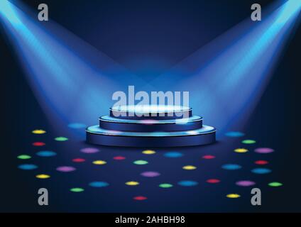 Stadio vuoto con riflettori sul palco con luce blu e colore arcobaleno Illustrazione Vettoriale