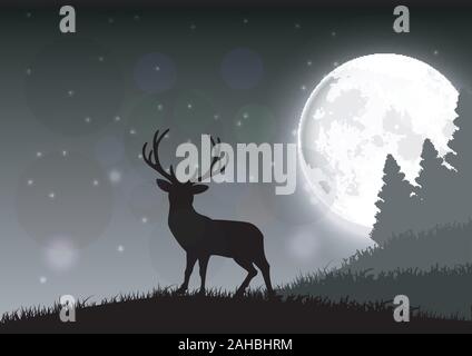 Silhouette di un cervo in piedi su una collina di notte con la luna Illustrazione Vettoriale